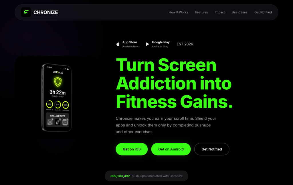 Chronize.app interface showing screen addiction turned into fitness gains